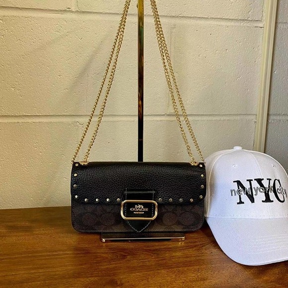 Coach CF474 Morgan Crossbody With Rivets In Gold/Brown Black Multi